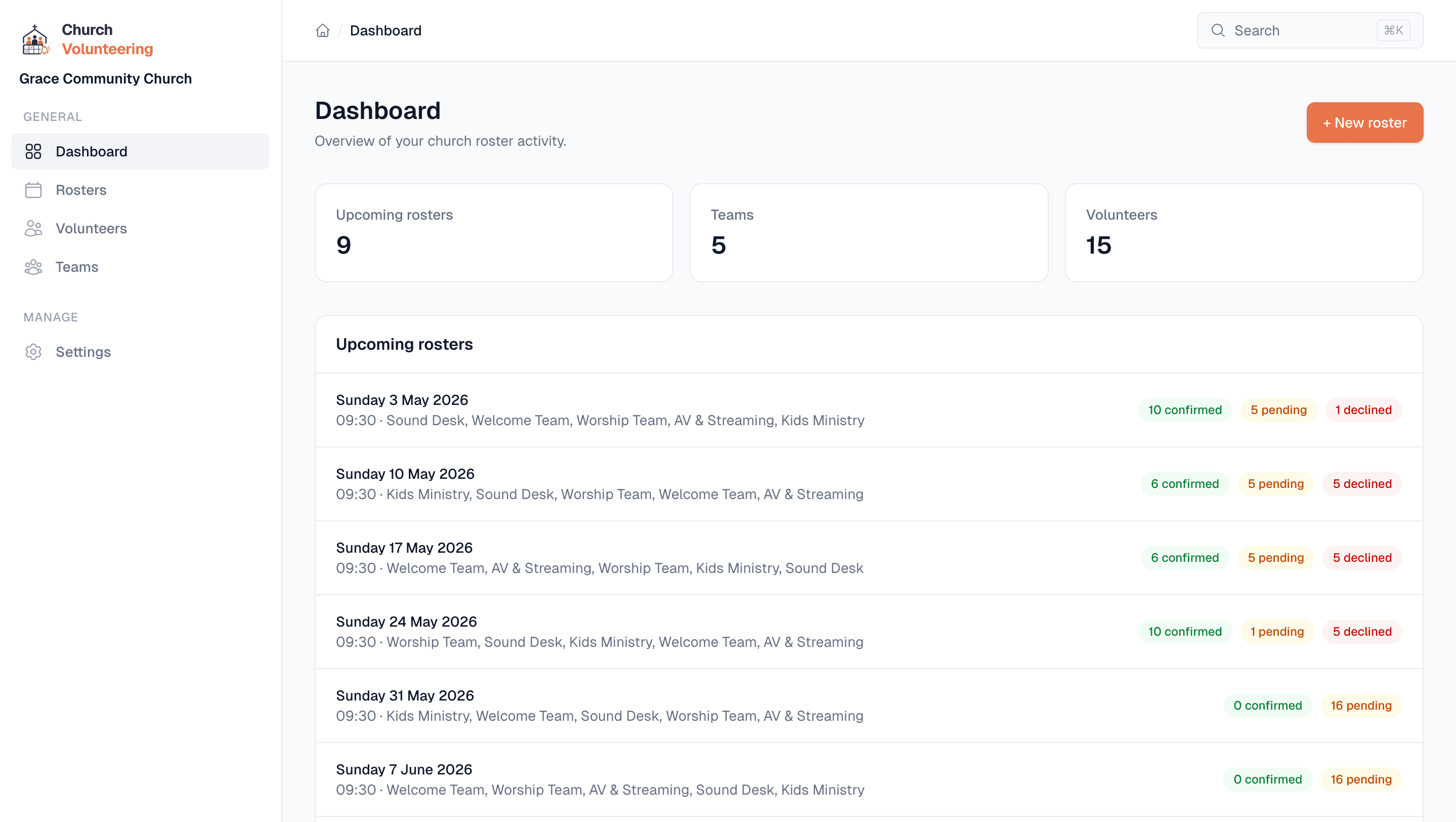 Dashboard showing upcoming rosters with confirmation status