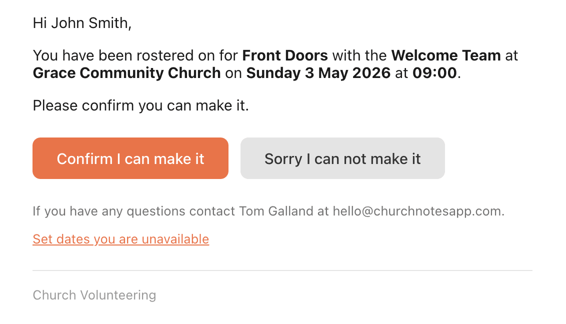 Roster email notification with confirm and decline buttons