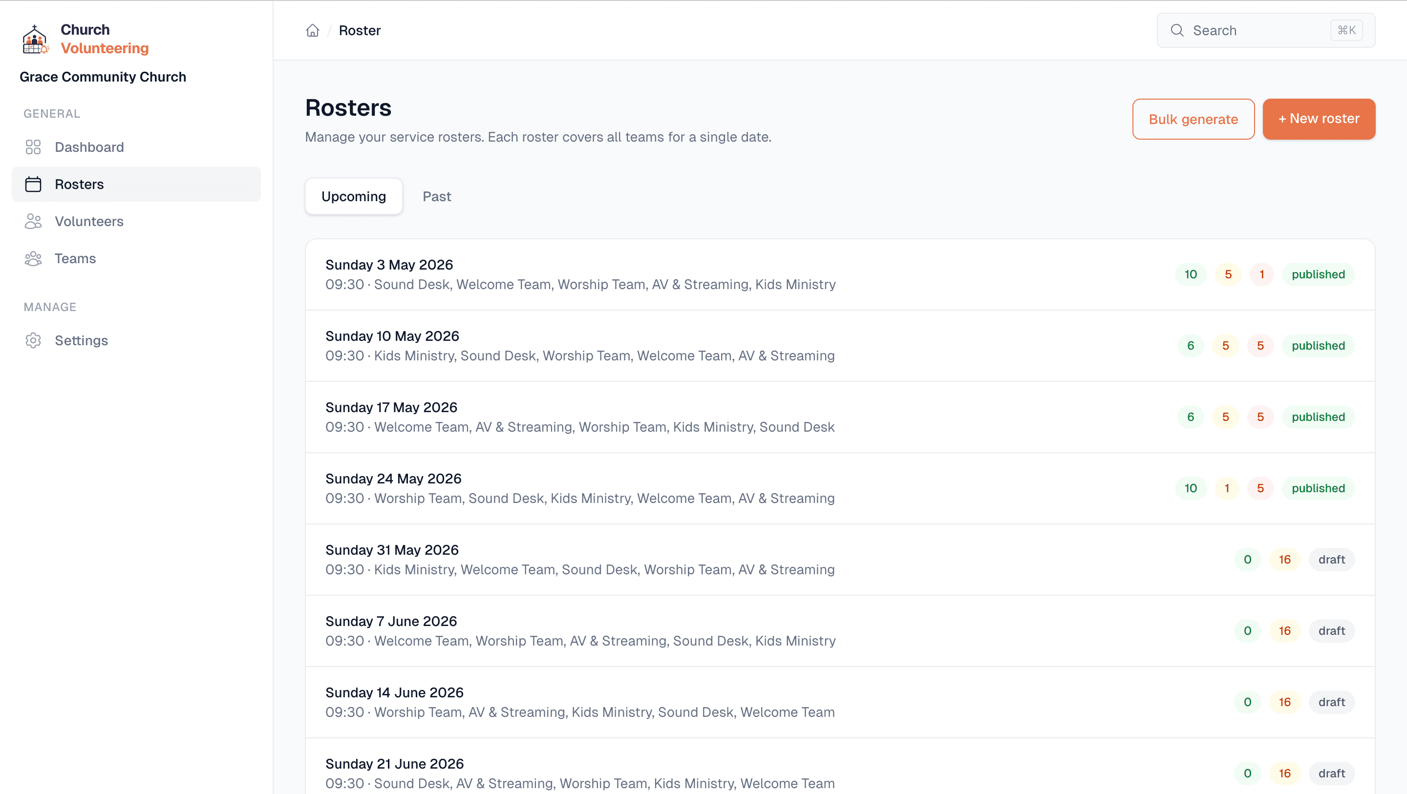 Roster builder with volunteer assignments and status