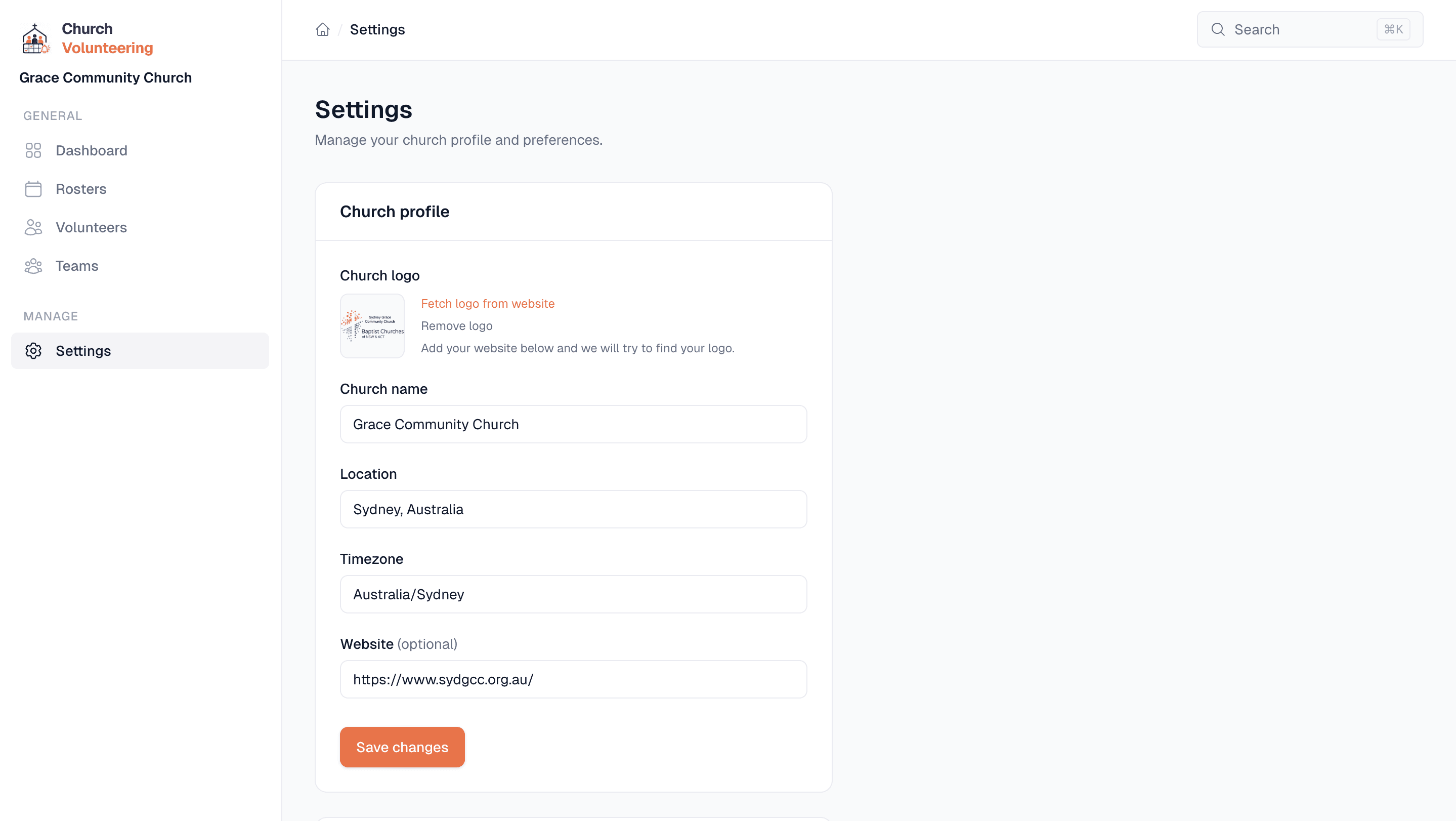Church settings with profile, timezone, and logo