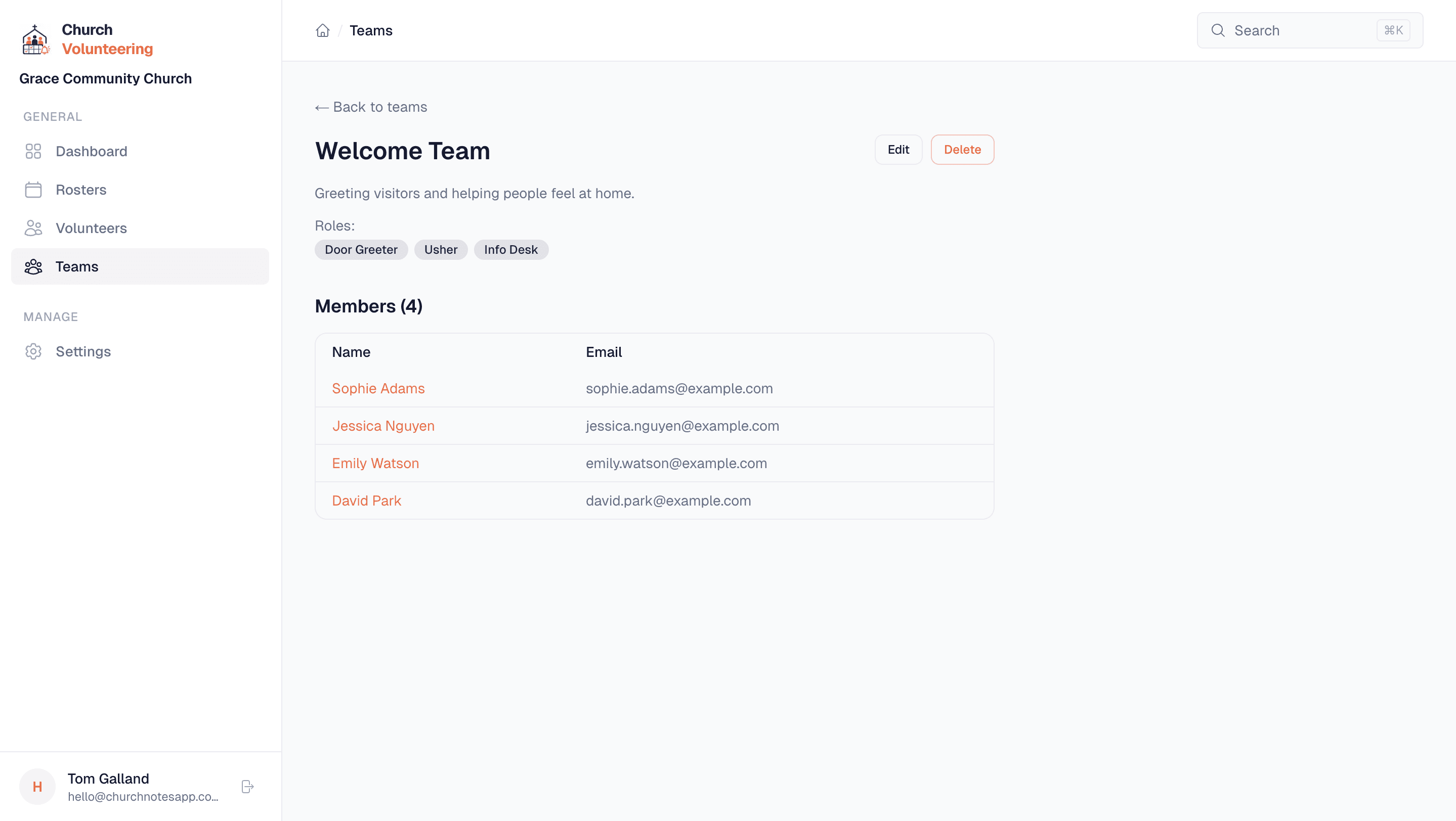 Team detail page showing members and roles