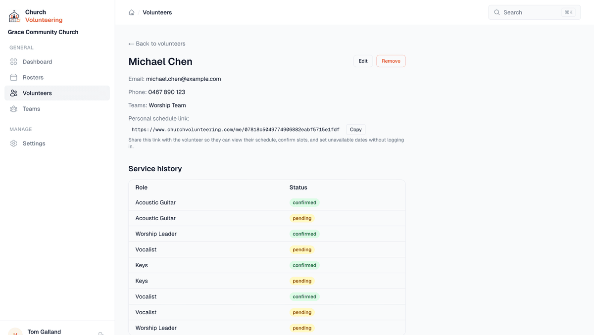 Volunteer profile showing service history