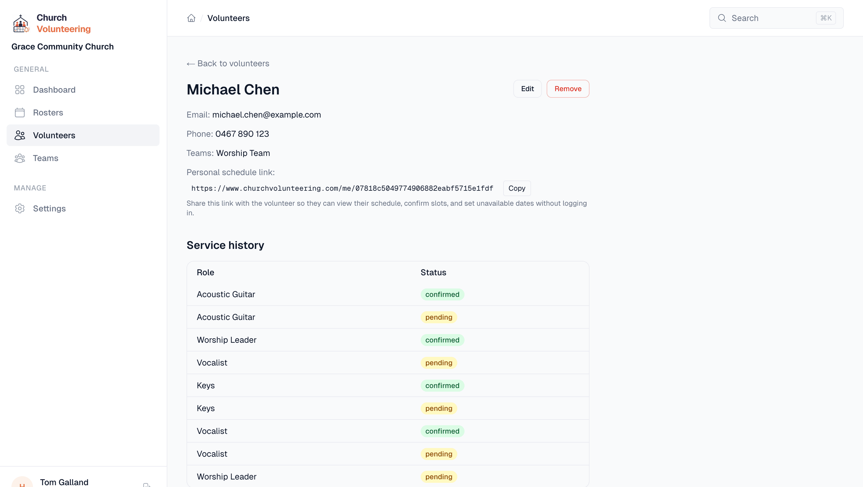 Volunteer profile with service history and team memberships