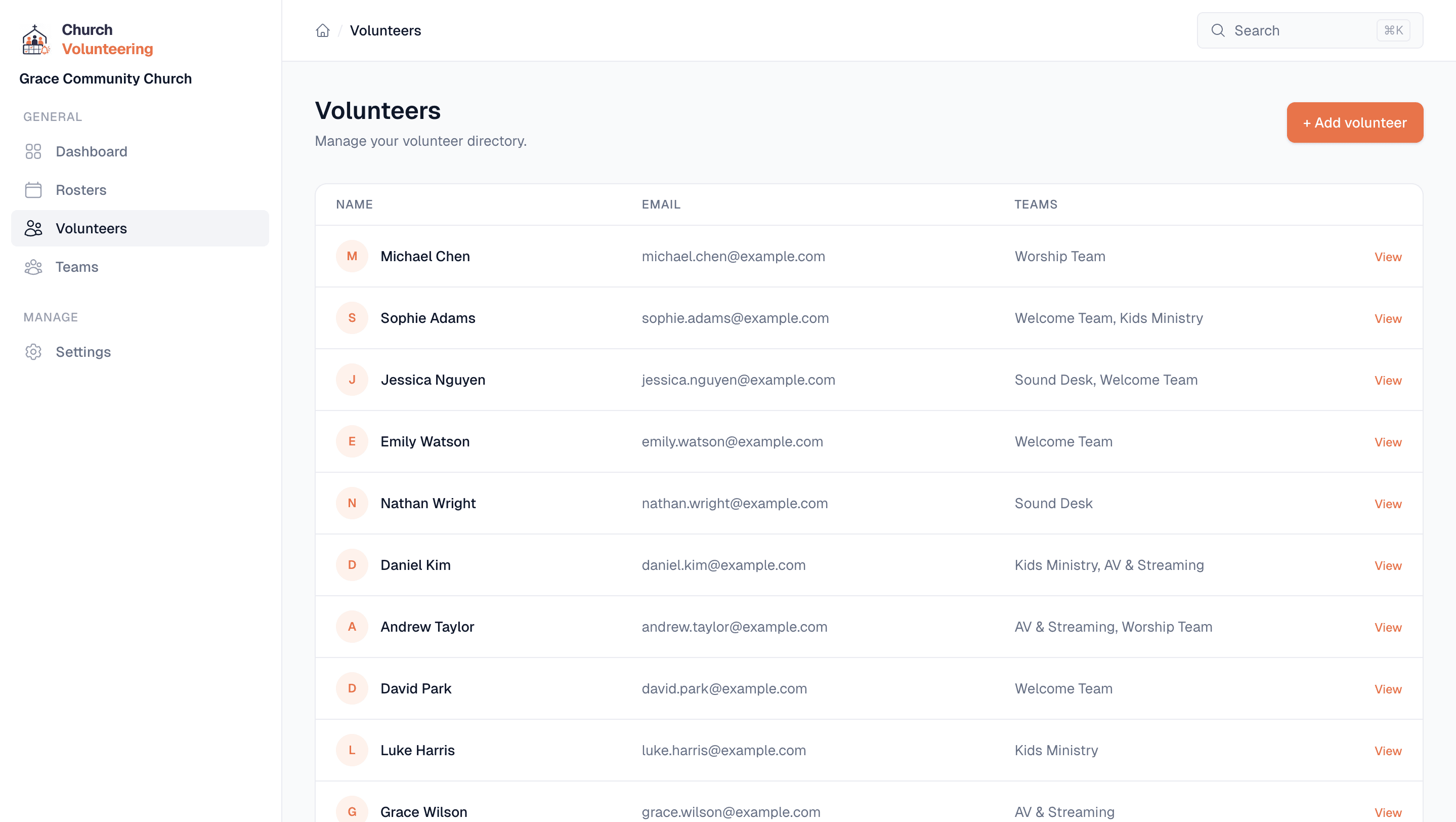 Volunteer directory showing all church volunteers with their teams